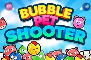 カラフルなペットの顔が描かれたバブルと「BUBBLE PET SHOOTER」という文字が中央に配置された青空の背景画像。
