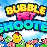 カラフルなペットの顔が描かれたバブルと「BUBBLE PET SHOOTER」という文字が中央に配置された青空の背景画像。
