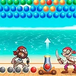 海賊が大砲と剣を持ち、海を背景に色とりどりのボールが並ぶ。