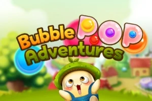 色鮮やかな背景に「Bubble Pop Adventures」のロゴと帽子をかぶった可愛いキャラクター。