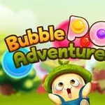 色鮮やかな背景に「Bubble Pop Adventures」のロゴと帽子をかぶった可愛いキャラクター。