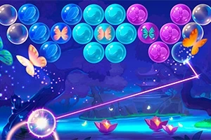 色とりどりの蝶と泡が浮かぶ幻想的な夜の風景。