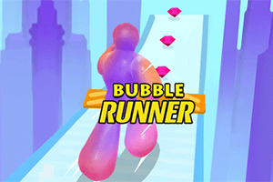 カラフルなキャラクターが浮遊するプラットフォーム上を走り、ピンクの宝石を集める様子。
