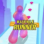 カラフルなキャラクターが浮遊するプラットフォーム上を走り、ピンクの宝石を集める様子。