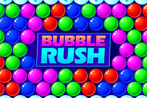 カラフルな丸いバブルに囲まれた青紫の背景に「BUBBLE RUSH」の文字が大きく表示されている画像。