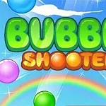 カラフルなバブルと虹の背景に「BUBBLE SHOOTER」の文字。