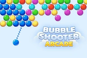 カラフルなバブルが画面上部に並び、中央に「BUBBLE SHOOTER ARCADE」と書かれたテキストがある画像。