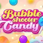 カラフルなキャンディとバブルが背景に配置された、ポップなスタイルの文字デザイン。