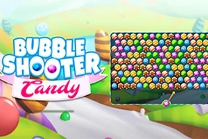 カラフルなキャンディのパズル画面と鮮やかな背景に「Bubble Shooter Candy」のロゴが表示されています。