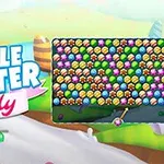 カラフルなキャンディのパズル画面と鮮やかな背景に「Bubble Shooter Candy」のロゴが表示されています。