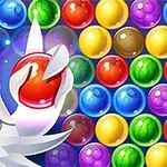 白いニワトリが赤い玉を持ち、色とりどりの丸い玉が背景に並んでいるイラスト。