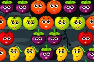 色とりどりの顔が描かれた果物が並んでいる画像。
