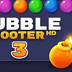 カラフルなバブルが並んだ背景に「BUBBLE SHOOTER HD 3」というテキストとオレンジ色の爆弾が描かれた画像。