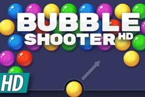 カラフルなバブルが画面上部に並び、中央に「BUBBLE SHOOTER HD」の文字がある。