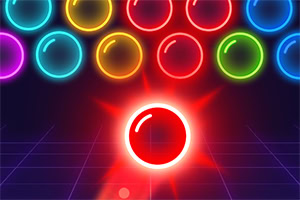 Bubble Shooter Neon カラフルな円形の光る玉が暗い背景に並んでおり、前景に赤い光る玉が浮かんでいる。
