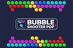 カラフルな泡が上下に配置された背景に「BUBBLE SHOOTER POP」と書かれたロゴが中央にある画像。