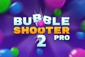 紫色の背景にカラフルなバブルと「BUBBLE SHOOTER 2 PRO」の文字。