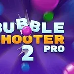 紫色の背景にカラフルなバブルと「BUBBLE SHOOTER 2 PRO」の文字。