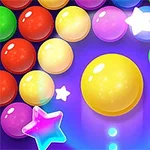 色とりどりのボールと輝く星が紫の背景に配置されている画像。