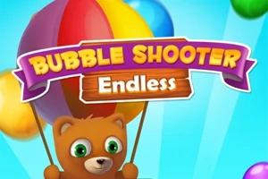 カラフルな風船を持ったクマのキャラクターと「BUBBLE SHOOTER Endless」というテキスト。