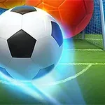 サッカーゴール前で光を放つサッカーボールと背景のカラーボール。