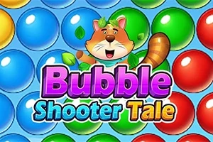 カラフルなバブルの背景に、葉っぱのついた帽子をかぶった明るい表情のキャラクターと「Bubble Shooter Tale」のタイトル。