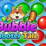 カラフルなバブルの背景に、葉っぱのついた帽子をかぶった明るい表情のキャラクターと「Bubble Shooter Tale」のタイトル。