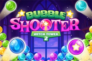 Bubble Shooter Witch Tower 2 カラフルなバブルと星が背景にあり、中央に大きな文字でタイトルが表示されている画像。