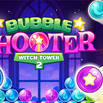 Bubble Shooter Witch Tower 2 カラフルなバブルと星が背景にあり、中央に大きな文字でタイトルが表示されている画像。