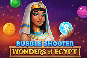 古代エジプト風の女性が青く光る玉を手に持ち、宇宙背景にカラフルな泡と「BUBBLE SHOOTER WONDERS OF EGYPT」の文字が描かれたバナー画像。