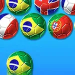 色とりどりの国旗を持つサッカーボールが青い背景に配置されている。