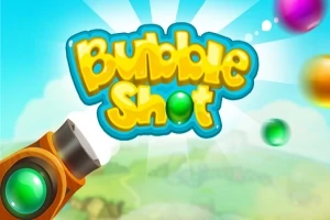カラフルな背景に「Bubble Shot」と書かれた明るいロゴと、緑色のボタン付きの発射装置が描かれています。