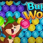 キャラクターがピンクのバブルを持って喜んでいる背景に、色とりどりのバブルが並んでいる。
