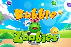カラフルなバブルと動物のキャラクターが青い空の背景に浮かんでいる。
