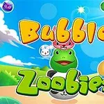 カラフルなバブルと動物のキャラクターが青い空の背景に浮かんでいる。