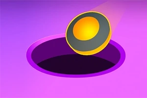 紫色の背景に黒と黄色のボールが穴に飛び込む瞬間。