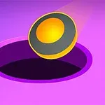 紫色の背景に黒と黄色のボールが穴に飛び込む瞬間。