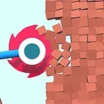 青い棒に取り付けられた赤い丸鋸がレンガの壁を破壊している様子。