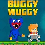 青いモンスターとオレンジの髪の子供が草の地面に立っているピクセルアート風のイラスト。
