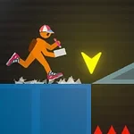 オレンジ色のキャップを被ったキャラクターが青い足場を走り、黄色の矢印と赤いトゲに向かっている場面。