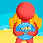 赤いキャラクターがビーチで水槽を持っているイラスト。