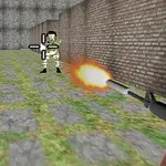 レンガの壁沿いで、銃を持った人物が兵士に向けて発砲している場面。