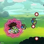 草原の背景で、赤い玉や星が飛び交う中、キャラクターが飛んでいる。