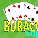 緑色の背景に、2のダイヤ、ハート、クラブ、スペードのトランプカードと「BURACO Super」という文字。