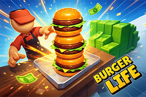 三段重ねのハンバーガーが皿の上に置かれ、横に札束と舞う紙幣、左にコック姿の人物、右下に「BURGER LIFE」の文字があるカラフルなイラスト。