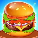 ハンバーガーがトマト、レタス、チーズ、玉ねぎ、肉、ソースと共に具だくさんで描かれたイラスト。