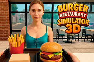 ハンバーガーとフライドポテトを前に、レストラン店内で女性が立つ3D風イラスト。