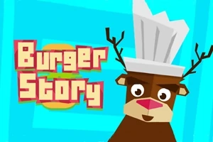 青い背景にシェフの帽子をかぶったトナカイと「Burger Story」というテキスト。