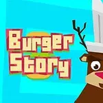 青い背景にシェフの帽子をかぶったトナカイと「Burger Story」というテキスト。