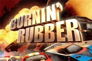 巨大な文字「BURNIN RUBBER」とスピードを感じさせるカラフルな車、背景に爆発が描かれているイメージ。